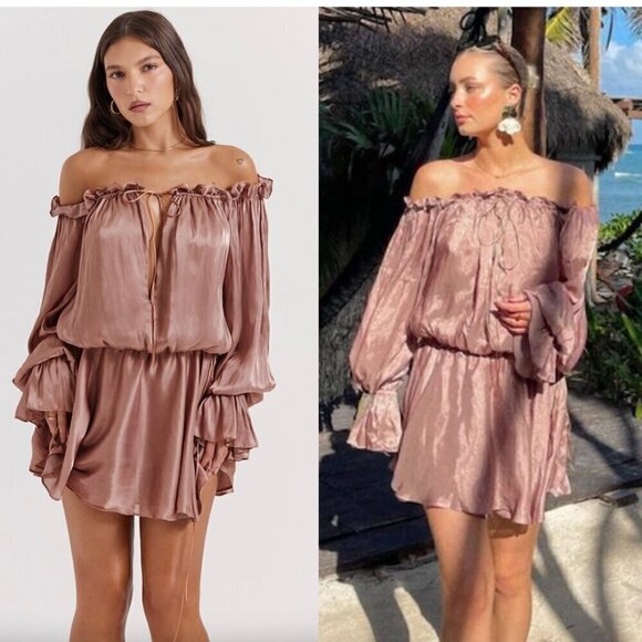 HOUSE OF CB Chaya Off Shoulder Dress in Hazelnut Size Small - Picture 2 of 16